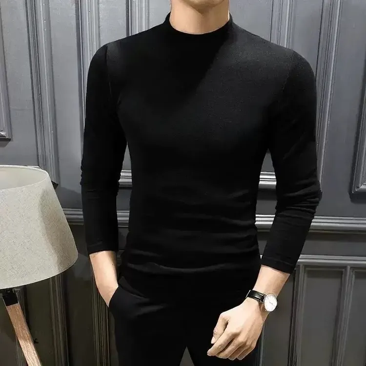 秋冬潮牌男士休闲百搭半高领毛衣双面绒长袖打底衫内搭保暖毛衣