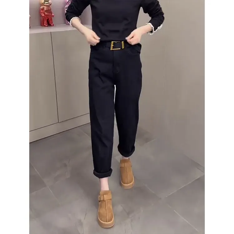 2025年冬季新款时尚百搭加绒牛仔裤女大码遮肉显瘦洋气九分老爹裤