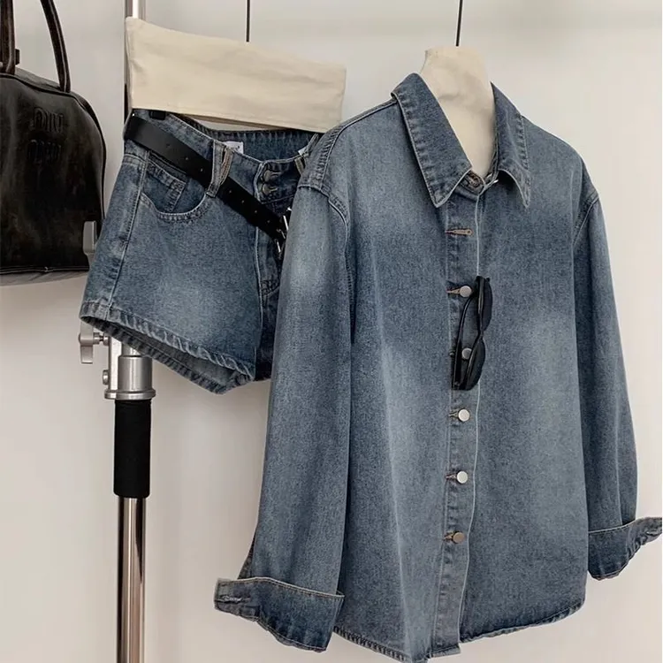 2025年新品春季蓝色复古上衣水洗衬衫少女春秋季牛仔短裤两件套装