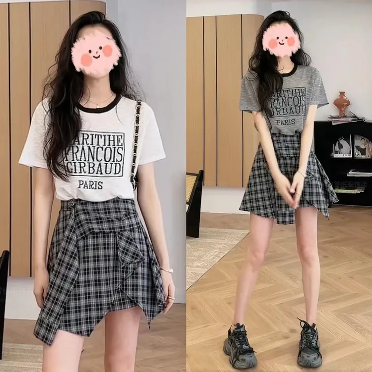 不规则格子裤裙T恤女2025年新款美式复古假两件半身裙短袖套装