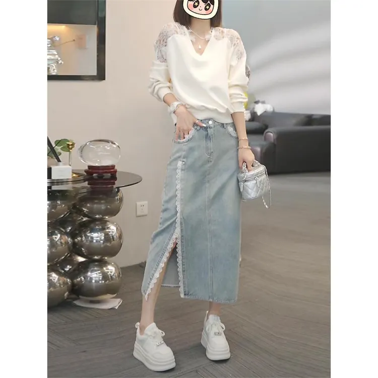 设计感蕾丝花边牛仔裙搭配上衣两件套女2025年春季穿搭时尚一整套