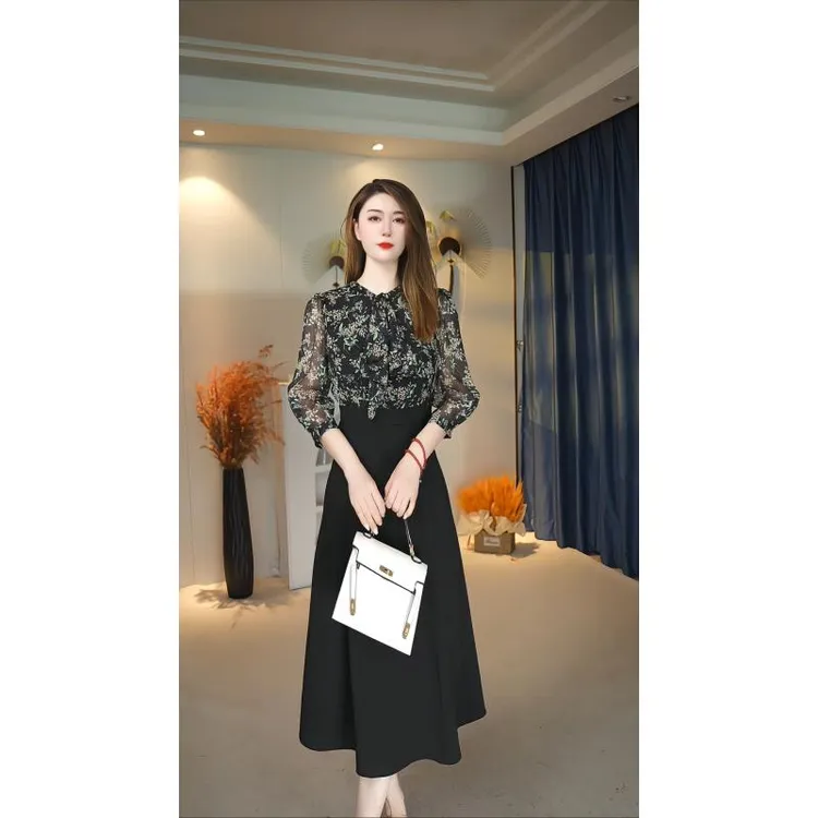 法式时尚气质显瘦碎花复古轻奢拼接连衣裙 8001