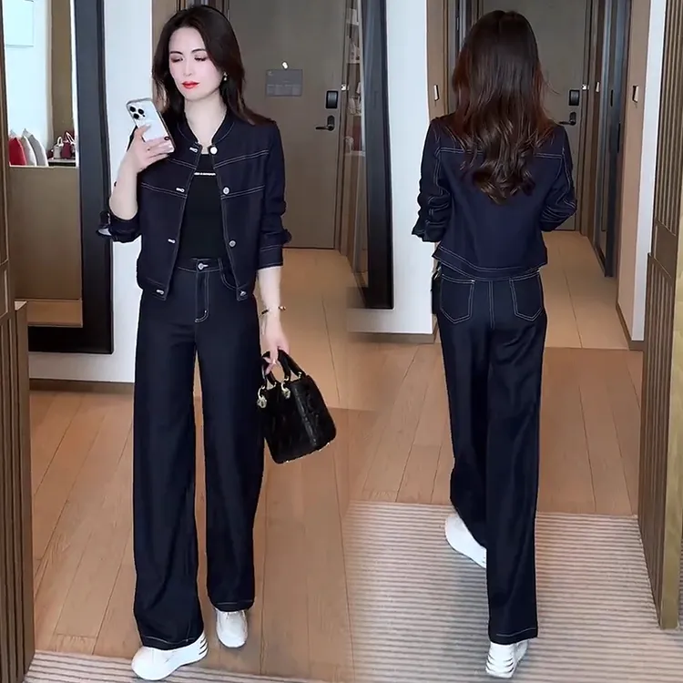 时尚减龄牛仔套装女2025春秋新款小个子时髦洋气外套阔腿裤两件套