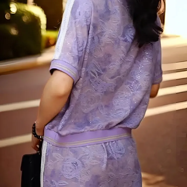 2025夏季潮流女紫色短袖T恤阔腿裤印花两件套显瘦