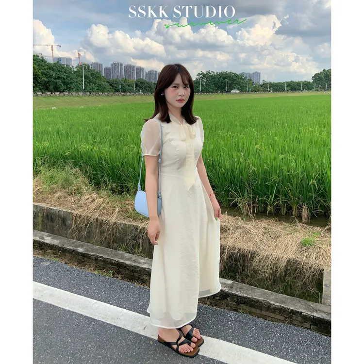 KMZY/KMZY山_山【轻颜欧尼】微胖法式温柔绑带短袖气质收腰连衣裙女