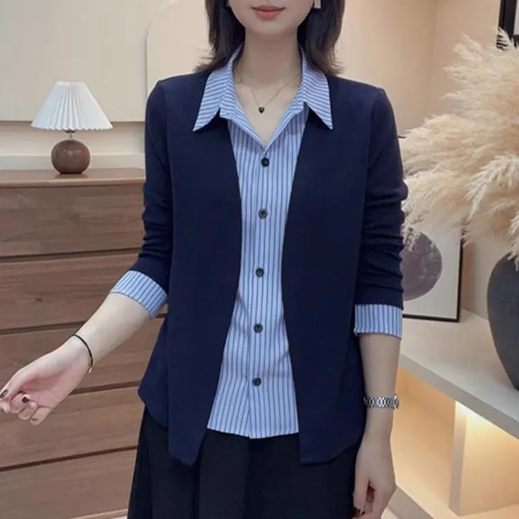 2722假两件洋气拼接衬衫女时尚秋装新款气质百搭长袖翻领开衫女