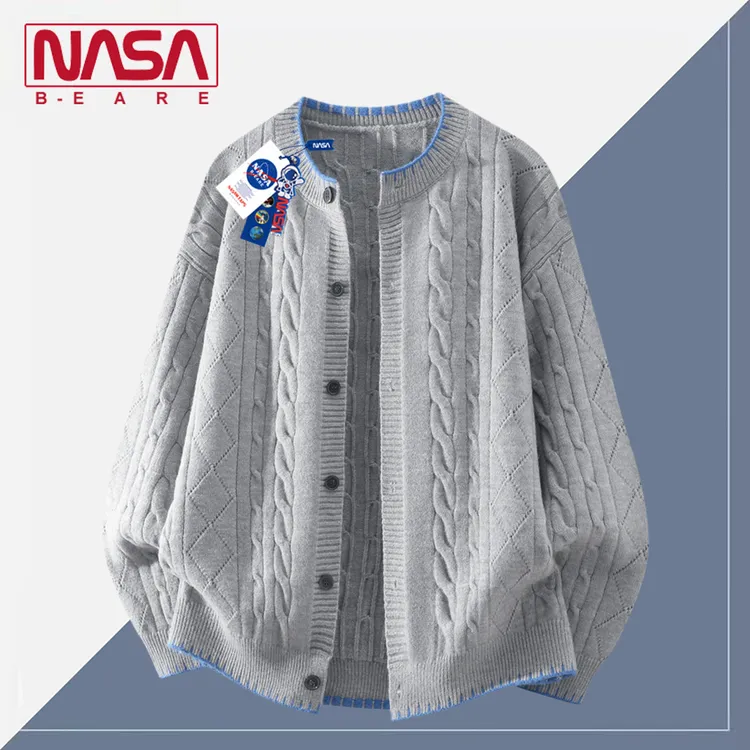 NASA联名异色线边绞花毛衣针织开衫男女秋季新款休闲百搭情侣外套