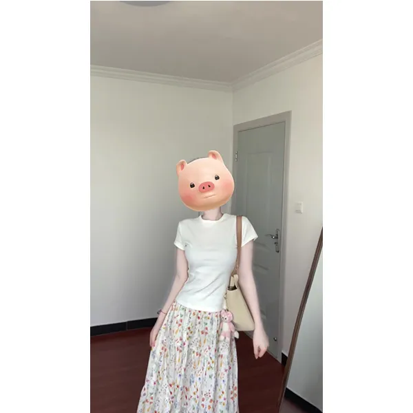  简约百搭短袖t恤女夏季上衣气质高腰宽松印花格半身裙两件套