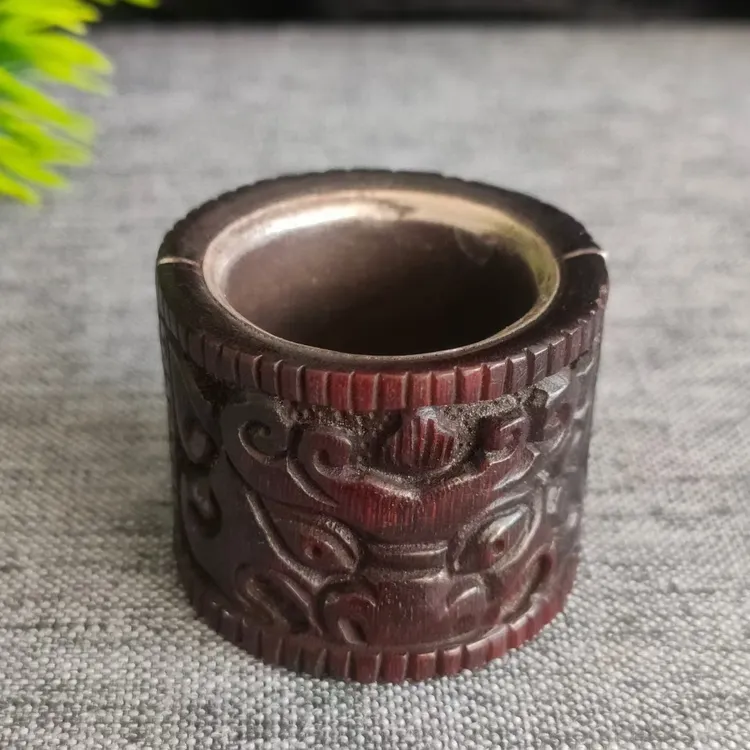 足银树脂戒指 文玩扳指戒圈纯手工雕刻兽面纹纯银镶嵌饰品收藏品