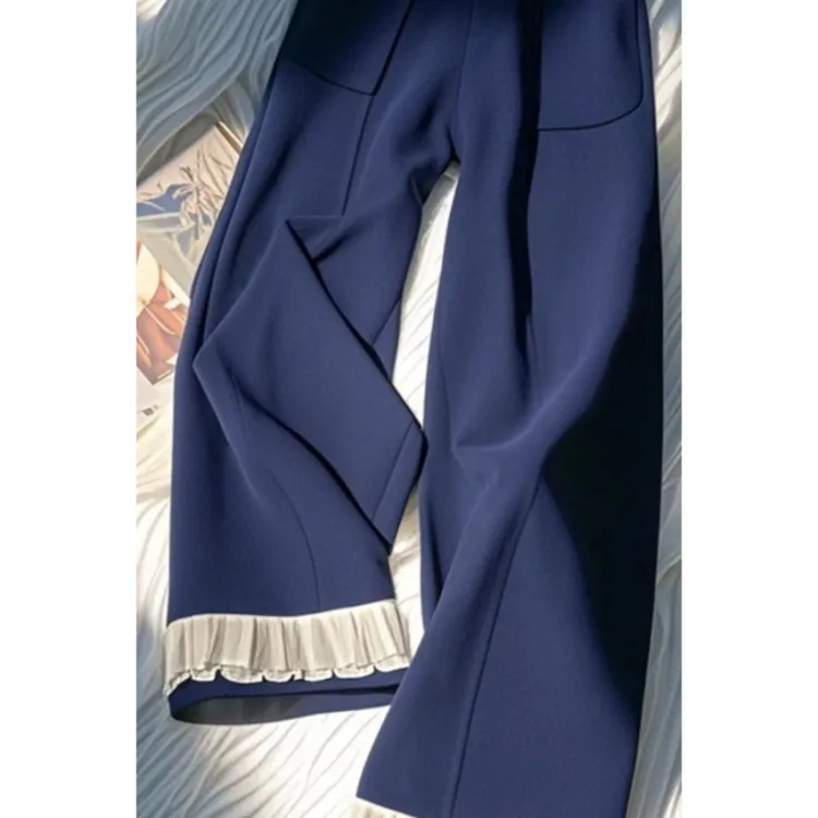 2025新款爆款小个子高级感超好看宽松慵懒风藏青色蕾丝拼接阔腿裤