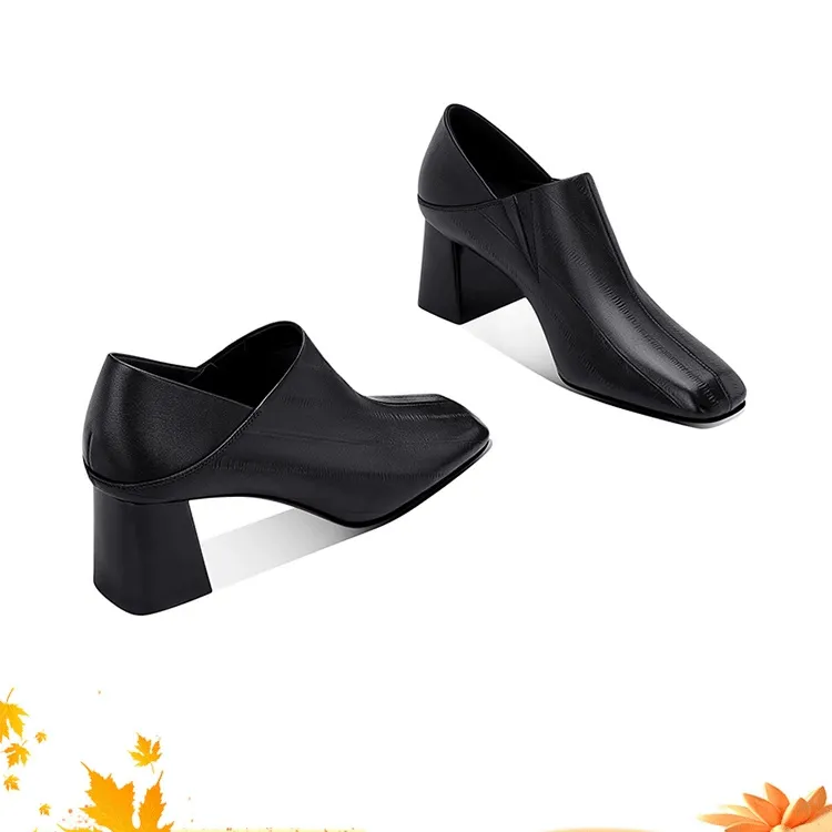 【万达撤柜】英伦风舒适深口粗跟单鞋女2025年秋季方头中跟高级简约