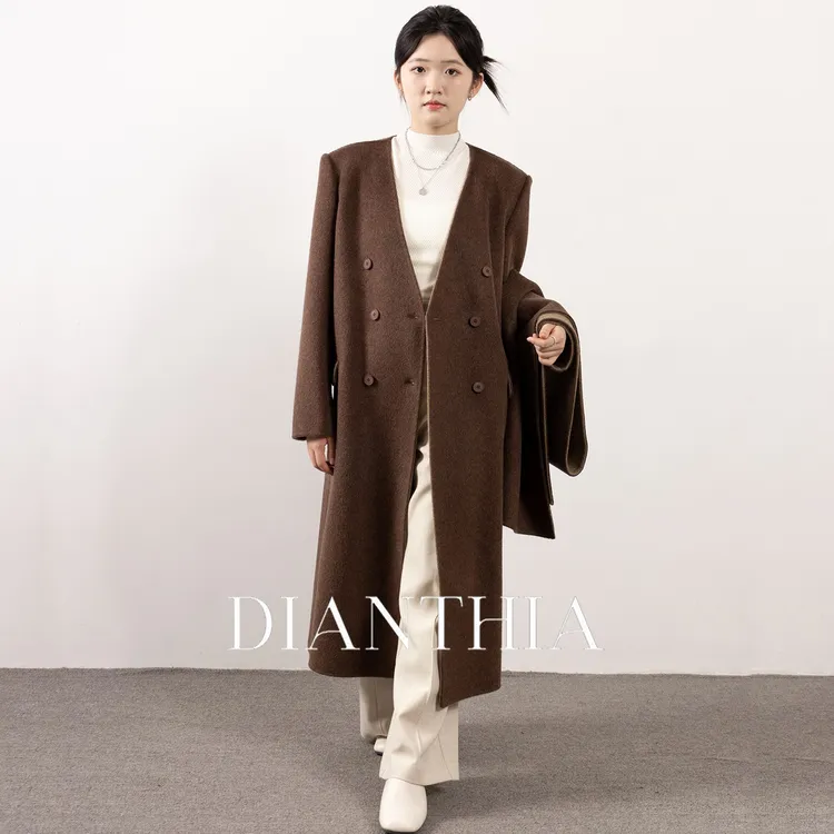 DianThia100%羊毛呢长款西装外套女配围巾2025冬款高级感西服大衣