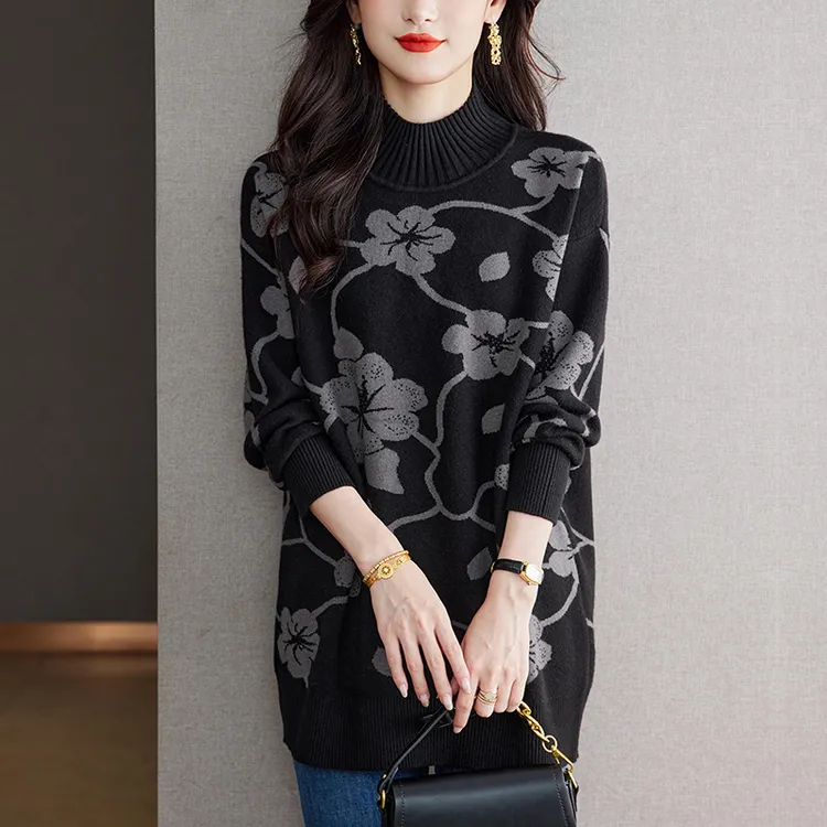 秋冬2025新款大码洋气提花半高领毛衣女宽松显瘦中长款针织打底衫