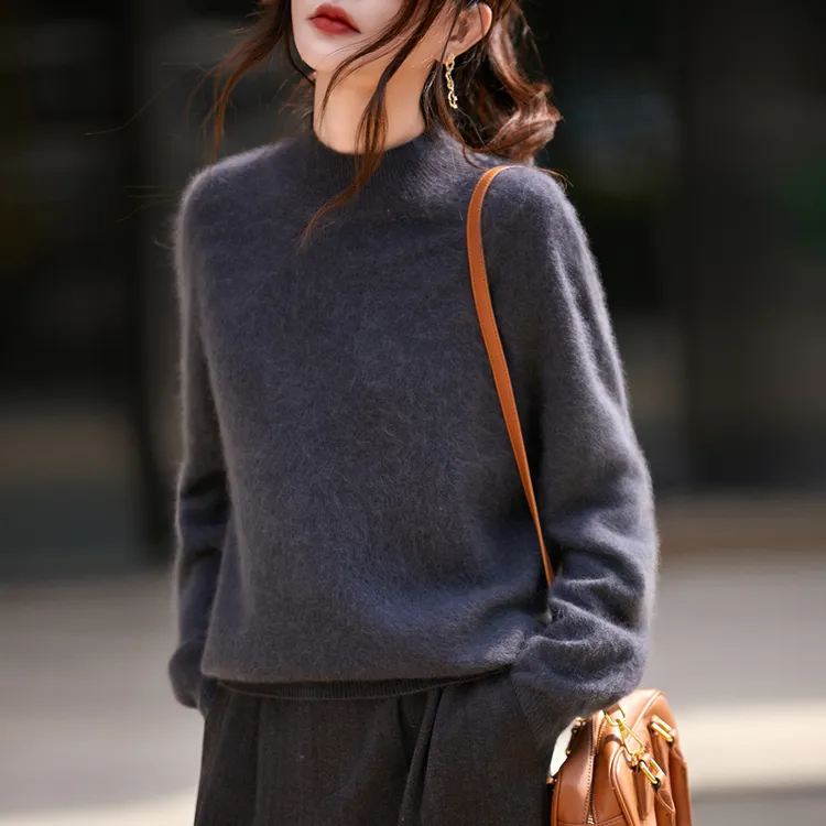 无缝拉毛半高领羊毛羊绒衫女套头时尚宽松毛衣秋冬新款 ZM277