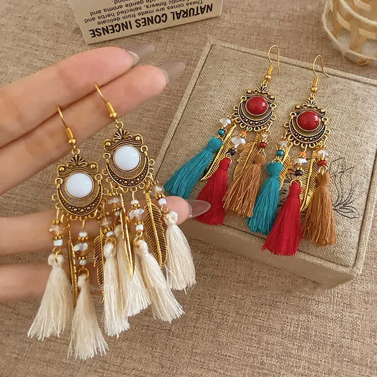 复古民族风长款蓝色流苏耳环女波西米亚风情度假风旅游拍照耳饰