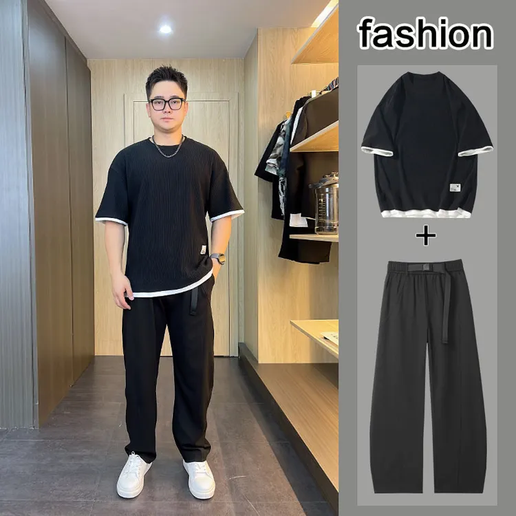 夏季男士短袖T恤韩版宽松假两件休闲套装大码百搭痞帅衣服潮24204