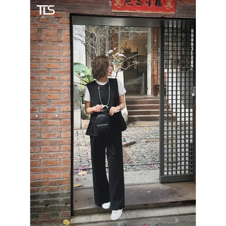 TT【黑赫本】羊毛休闲两件套时尚简约套装背心上衣裤子女X910
