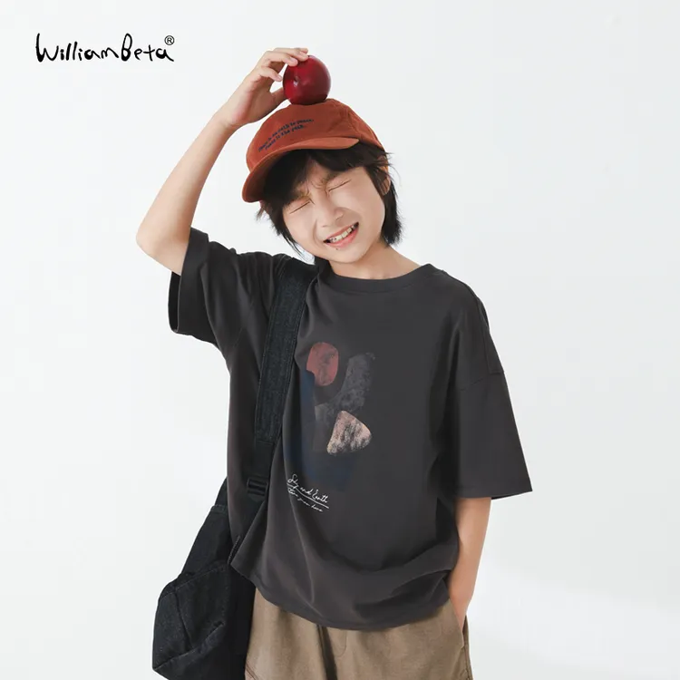williambeta童装25夏仿海军领纯棉几何印花宽松儿童短袖T恤