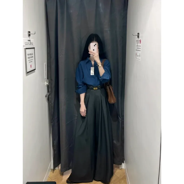 时尚气质蓝色衬衫2025春季新款宽松修身显瘦高级感小众上衣套装女