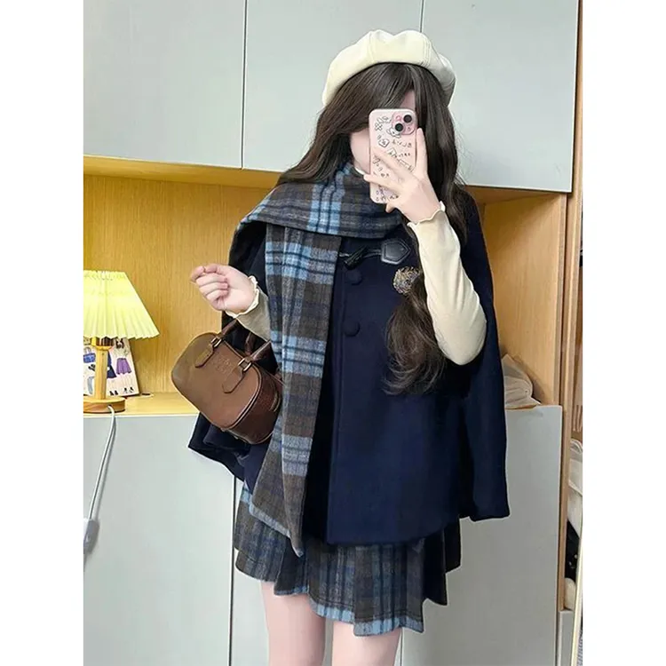 日系奈奈风 毛呢斗篷套装女2025秋冬蓝格子围巾领毛呢外套+半裙