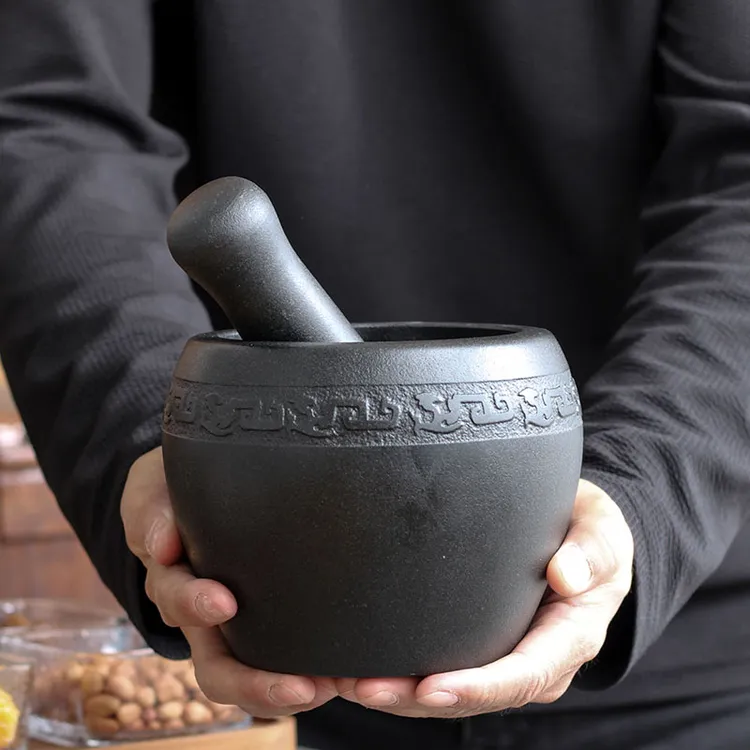 家用天然乌金石石臼捣蒜器捣辣椒捣药罐对窝蒜臼子宝宝辅食研磨器