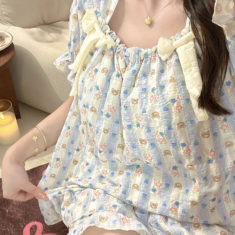 双蝴蝶结蓝纹小熊学生卡通吊带睡衣女夏肌理ins风韩系家居服套装