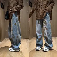 YDFSTUDIO小众【牛仔日记】欧货早秋重工刺绣提花设计弯刀牛仔裤