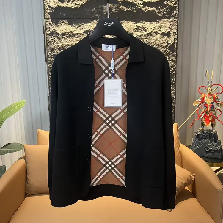 【VanJazny】新款潮流男士简约格子拼接翻领针织开衫8802