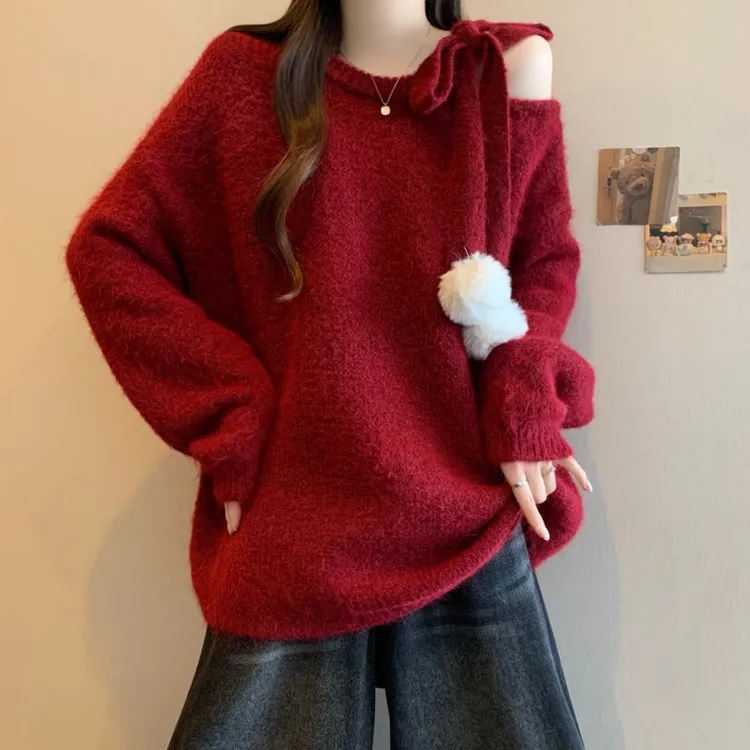 新年红色蝴蝶结系带露肩毛衣女秋冬大码胖mm宽松慵懒风针织衫上衣