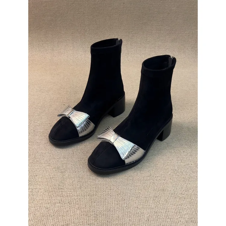 nnmiss·34-40/5.5cm设计感圆头蝴蝶结弹力瘦瘦靴百搭通勤粗跟短靴