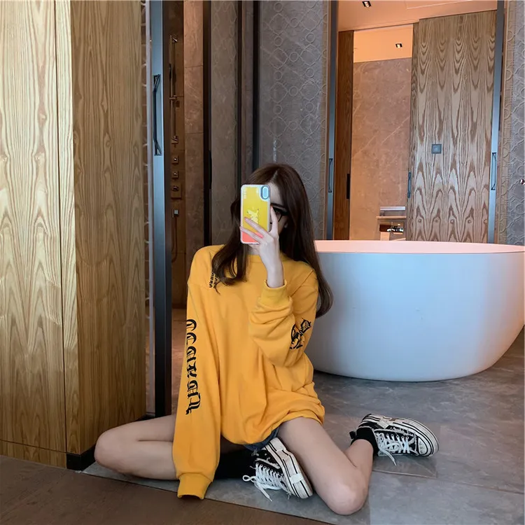 橙色无帽卫衣女2025春秋季韩版潮牌宽松慵懒风百搭中长款chic上衣
