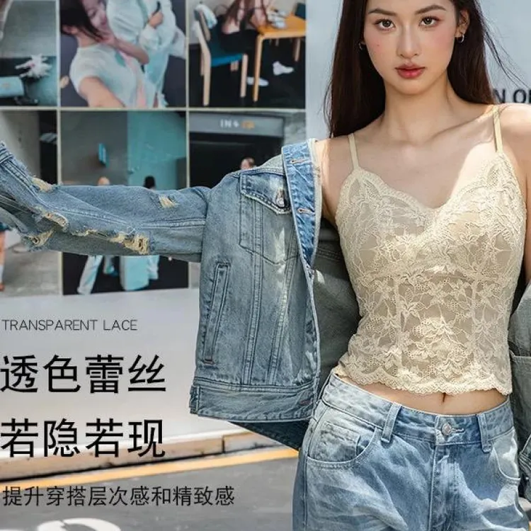 蕾丝法式纯欲风带胸垫吊带短款背心女内搭外穿设计感十足10161