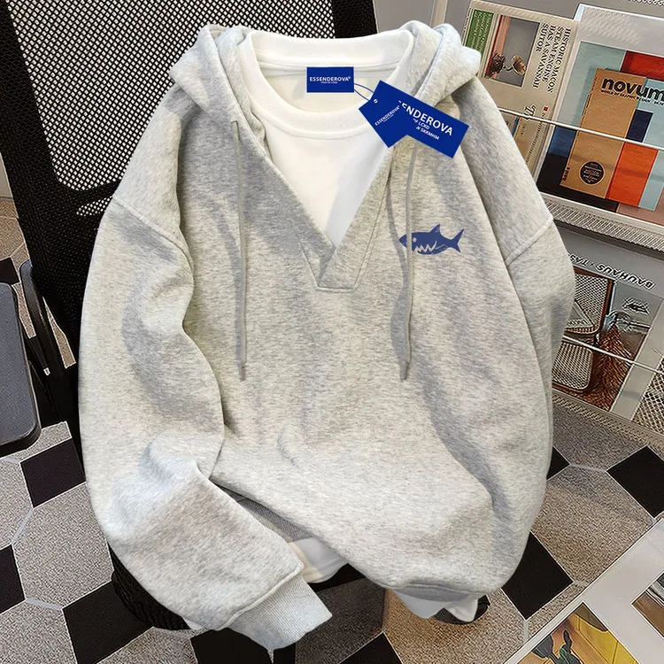 2025新款韩版设计假两件连帽卫衣男女秋冬季慵懒休闲加绒情侣外套