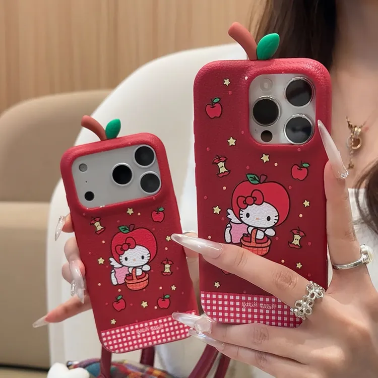 复古红格纹立体苹果枝KT适用苹果17/15手机壳16华为oppo小米vivo