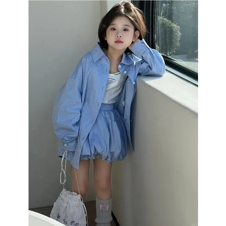 女童套装2025春装时髦洋气儿童夏款条纹衬衫女孩韩版短裙裤两件套