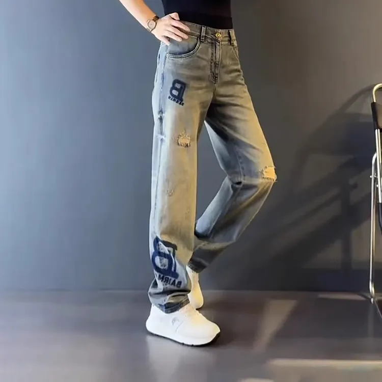 2025秋冬季设计感重工字母破洞直筒牛仔裤男士宽松轻奢长裤子潮牌