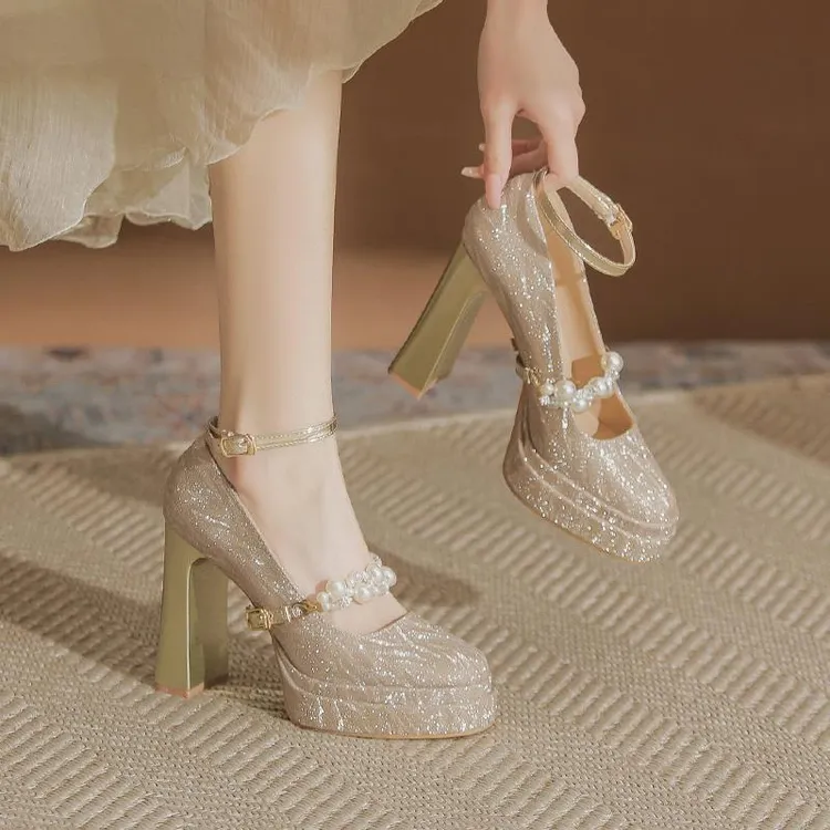 双层防水台水晶鞋婚鞋新娘鞋超高跟一字扣粗跟玛丽珍高跟鞋女12cm