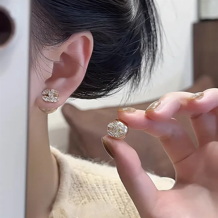 铜合金耳饰 925银针香槟色锆石字母珍珠耳钉一款两多戴名媛风耳饰