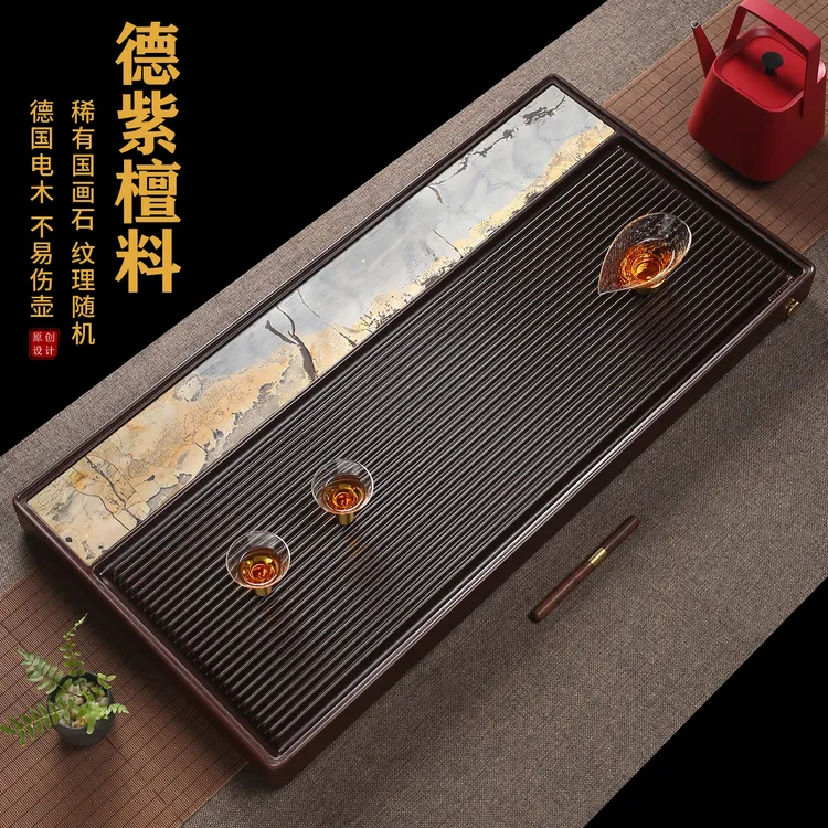 仁唐德国高档电木茶盘镶嵌国画石家用办公室新款功夫茶具托台海