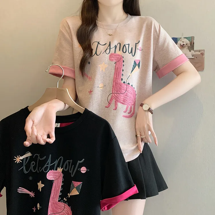 2025夏装新款胖mm大码女时尚撞色减龄卡通印花圆领短袖T恤A1369