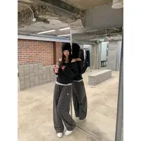 张贝贝 慵懒周末 黑灰条纹 加密高棉香蕉休闲裤