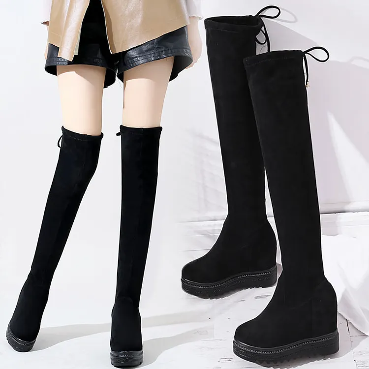 平跟胶粘休闲风常规款增高长筒套筒中跟弹力靴水钻