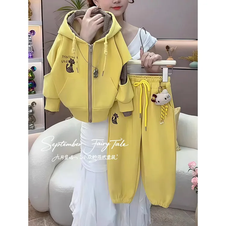 女童休闲套装春秋2025新款儿童运动中大童假两件外套束脚裤两件套