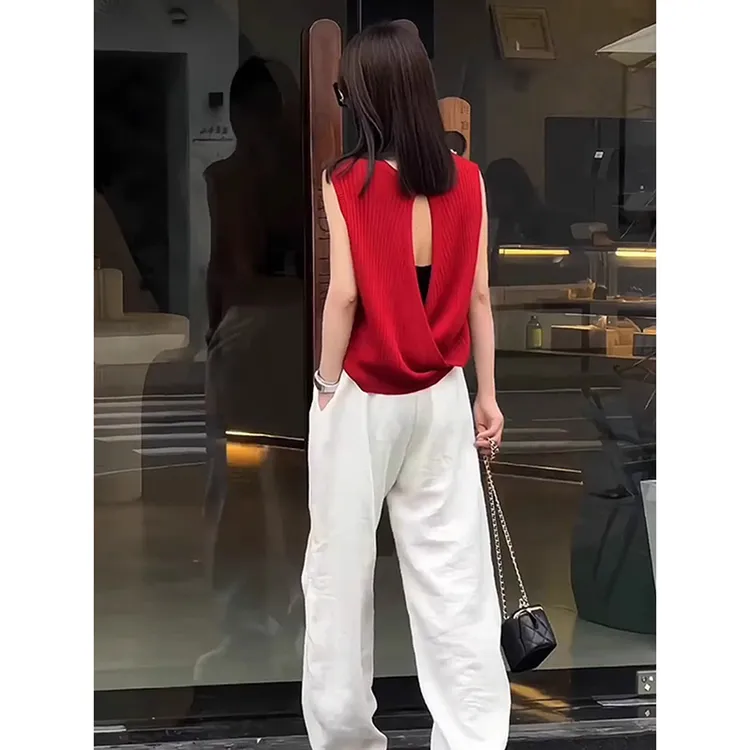 红色后背镂空背心上衣女夏外穿小个子修身针织衫t恤短款内搭吊带