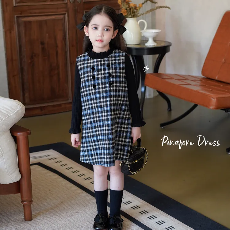 AnnieGirl秋季新款法式复古女童羊毛格纹连衣裙背心裙宝宝公主裙