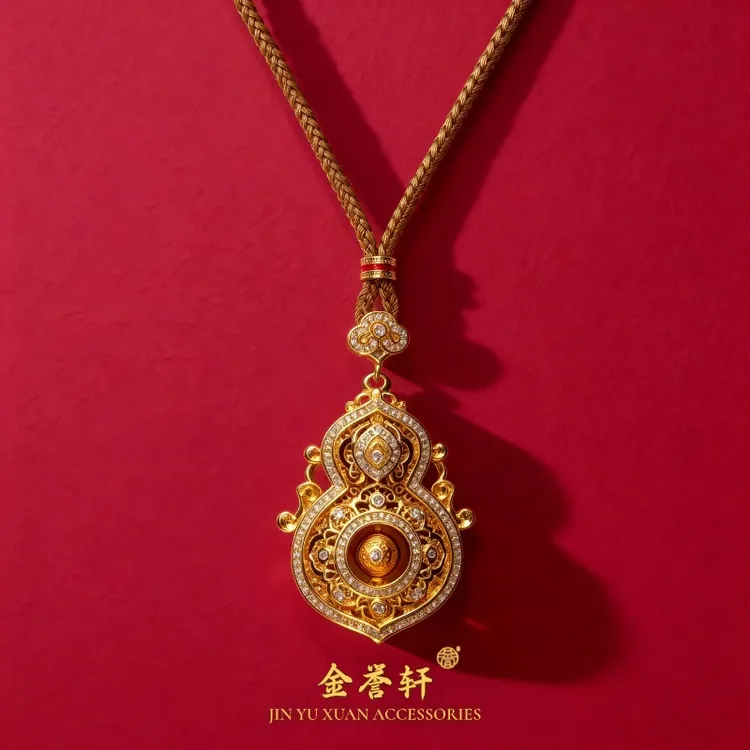 铜合金布艺项链 新中式女士手工花丝镶嵌古法葫芦轻奢坠链项链002