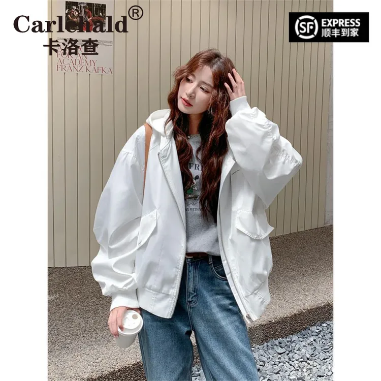CARLCHALD卡洛查休闲连帽工装宽松白色短外套女春秋2025新款小个