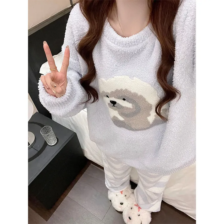 ins风卡通半边绒睡衣女款秋冬季爆款加绒加厚保暖家居服套装外穿