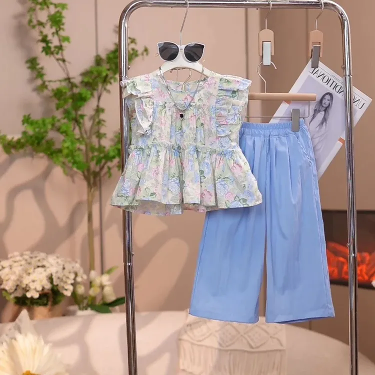 女童夏套洋气中大童小背心碎花2025夏季无袖上衣下裤两件套潮