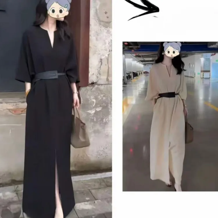 法式复古慵懒V领高腰轻熟风开叉长裙女秋季新款百搭气质